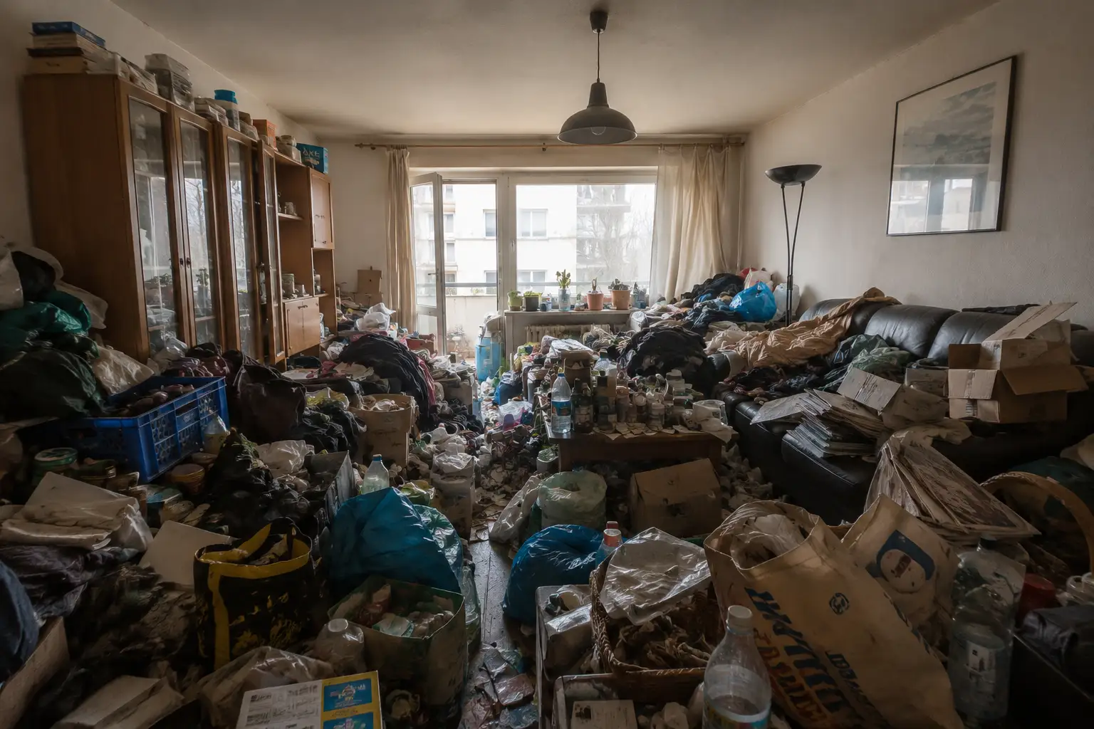 Stark vollgestellte Wohnung, Boden und Möbel unter Gegenständen kaum sichtbar