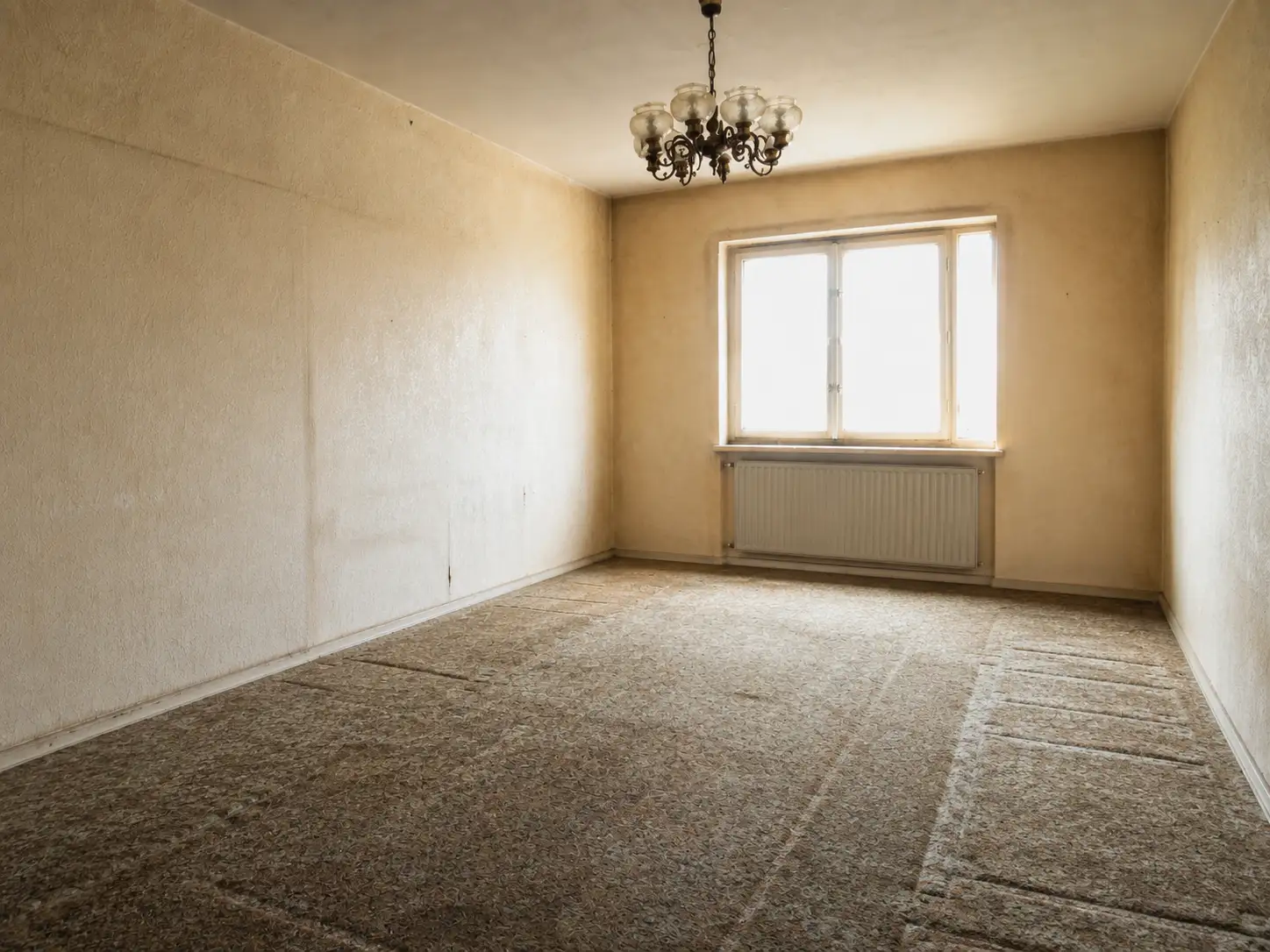 Leer geräumtes Wohnzimmer, Nachmittagslicht fällt durch das Fenster auf den Boden
